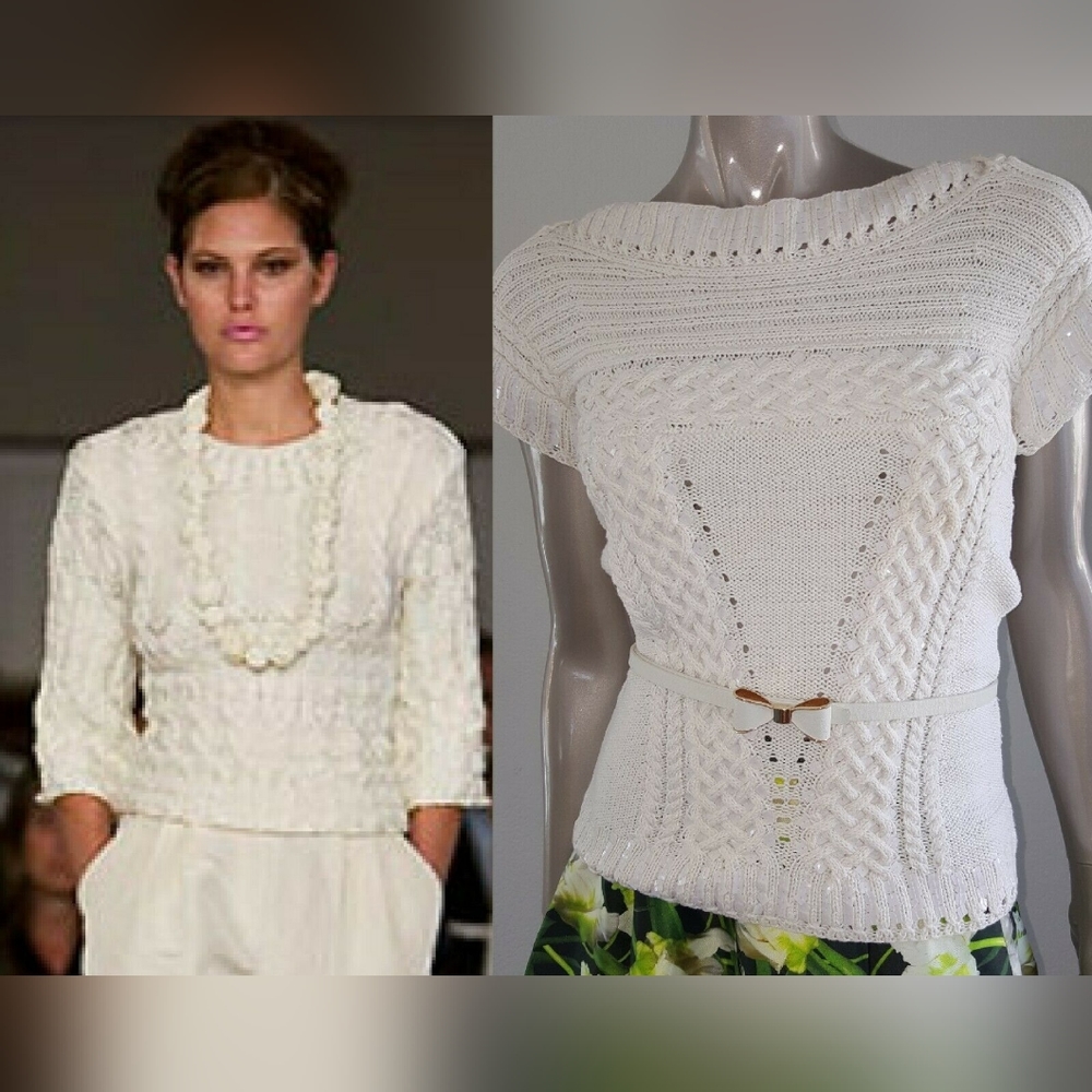 ❤️BUY2️⃣GET1️⃣🆓$2,200 OSCAR DE LA RENTA IVORY BEAD CABLE KNIT RUNWAY BLOUSE XS